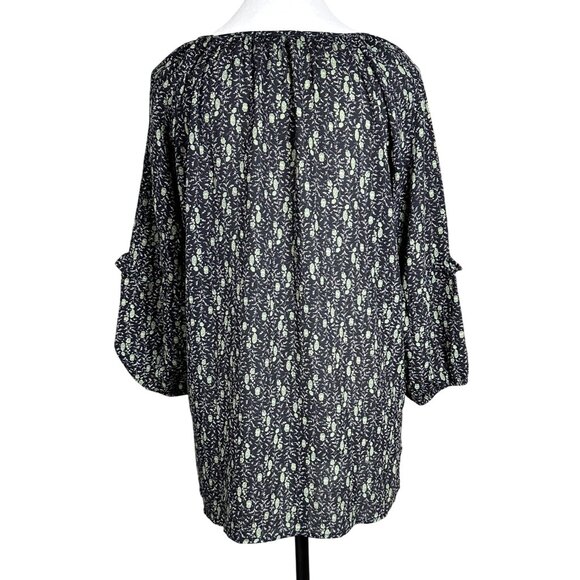 Beacon Apparel Womens Boho Floral Blouse Black Green 3/4 Balloon Sleeve Top M - Picture 2 of 8